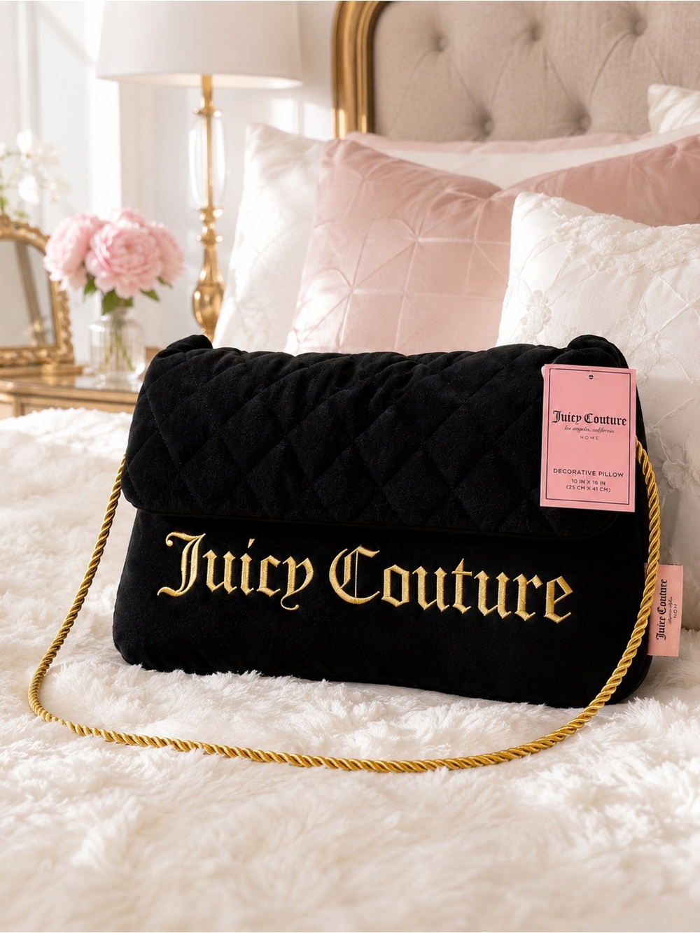 Juicy Couture Home Black Purse Decorative Pillow Gold Logo NWT 10x16